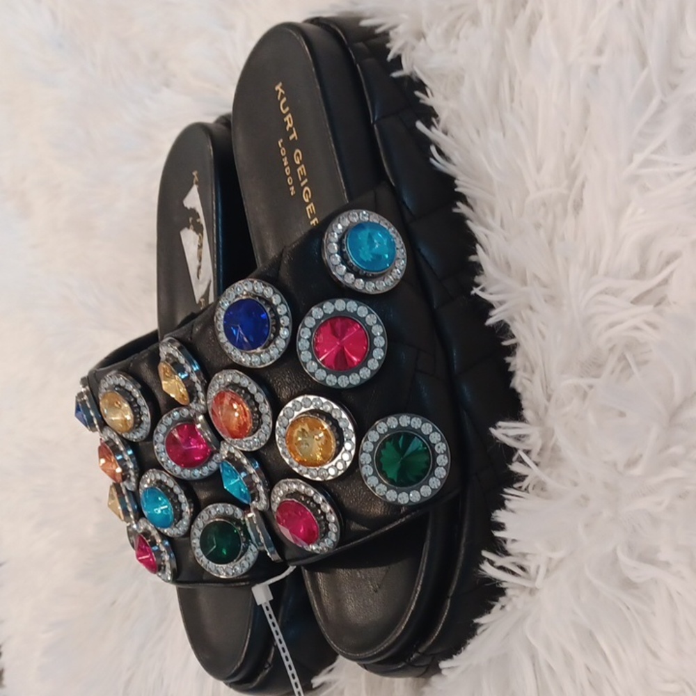 Kurt Geiger Rainbow Rhinestone Gem Crystal Leather Quilted Slip On Sandal New - Picture 9 of 15